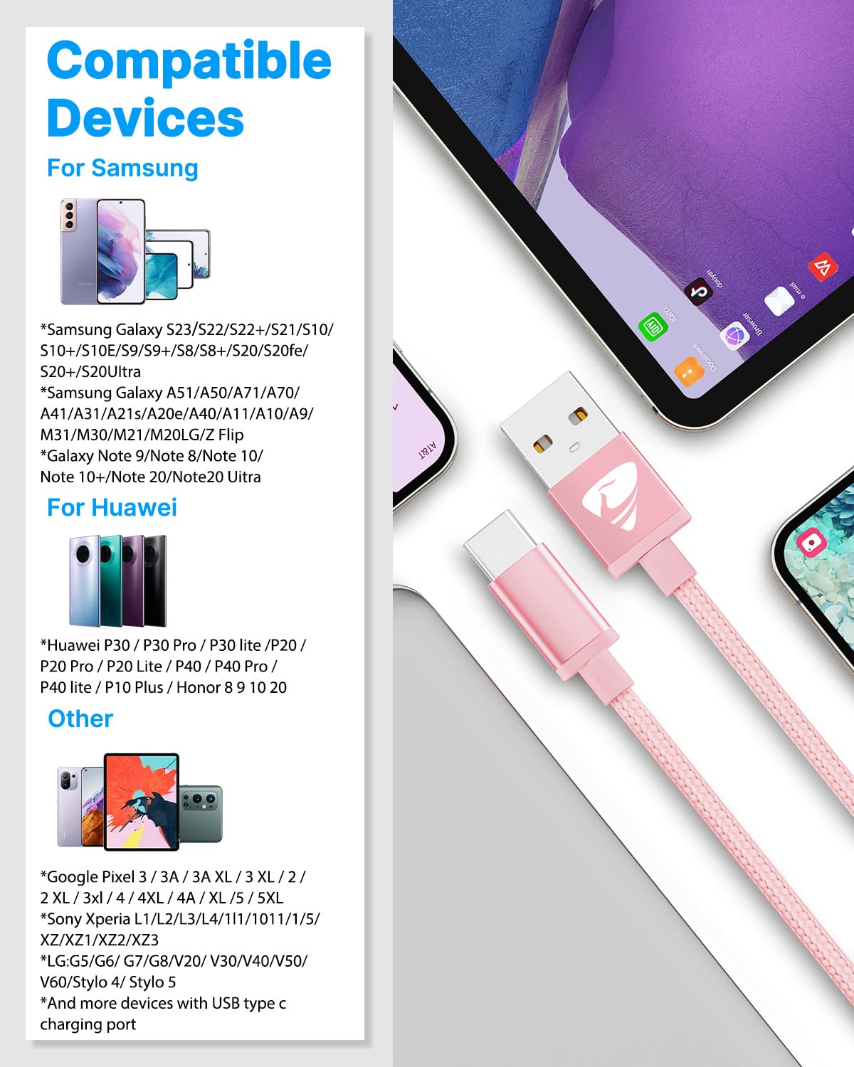 Yosou USB C Charger Cable 2M 2Pack USB A to USB C Type C Charger Fast Charging 3A Lead Braided for Samsung Galaxy S22 S21 S20,Pixel 8 7 6,PS5,Switch