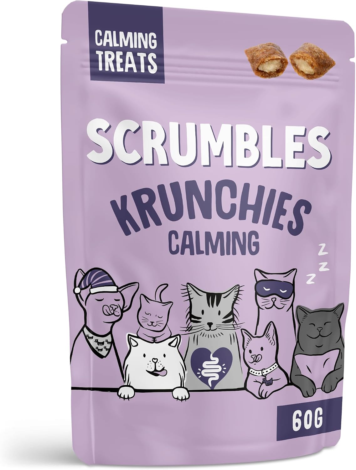 Scrumbles • Cat Treats • Krunchies • Calming • All Lifestages • 60g Bag • Hypoallergenic • No Added Sugar • Valerian & Chamomile • Gluten Free • Low Calories