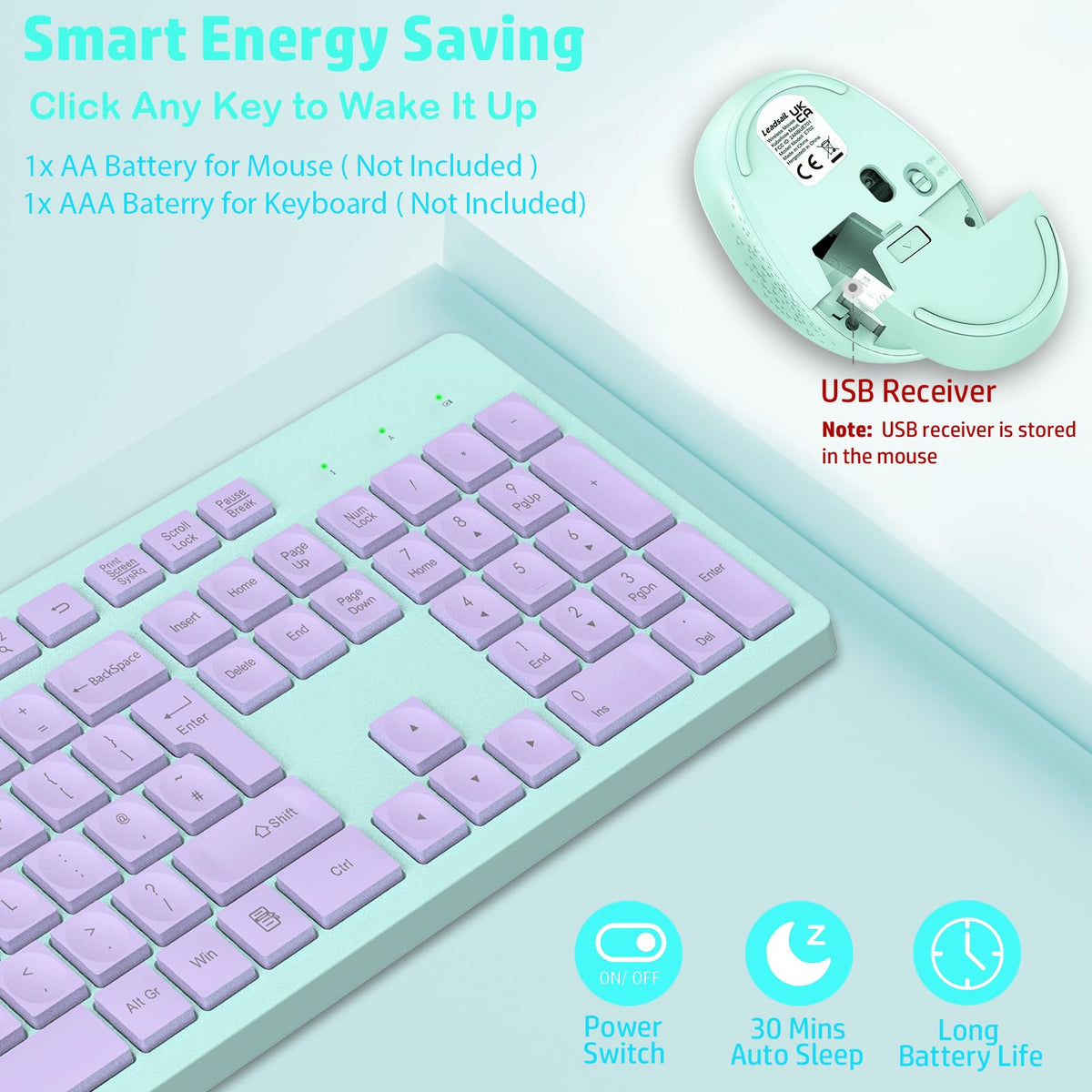 LeadsaiL Wireless Keyboard and Mouse Set, 2.4GHz USB Computer Keyboards and Mouse Combo, Full Size UK QWERTY Layout, Ergonomic Design with 12 Multimedia Shortcuts for HP/Lenovo Laptop and Mac-Purple