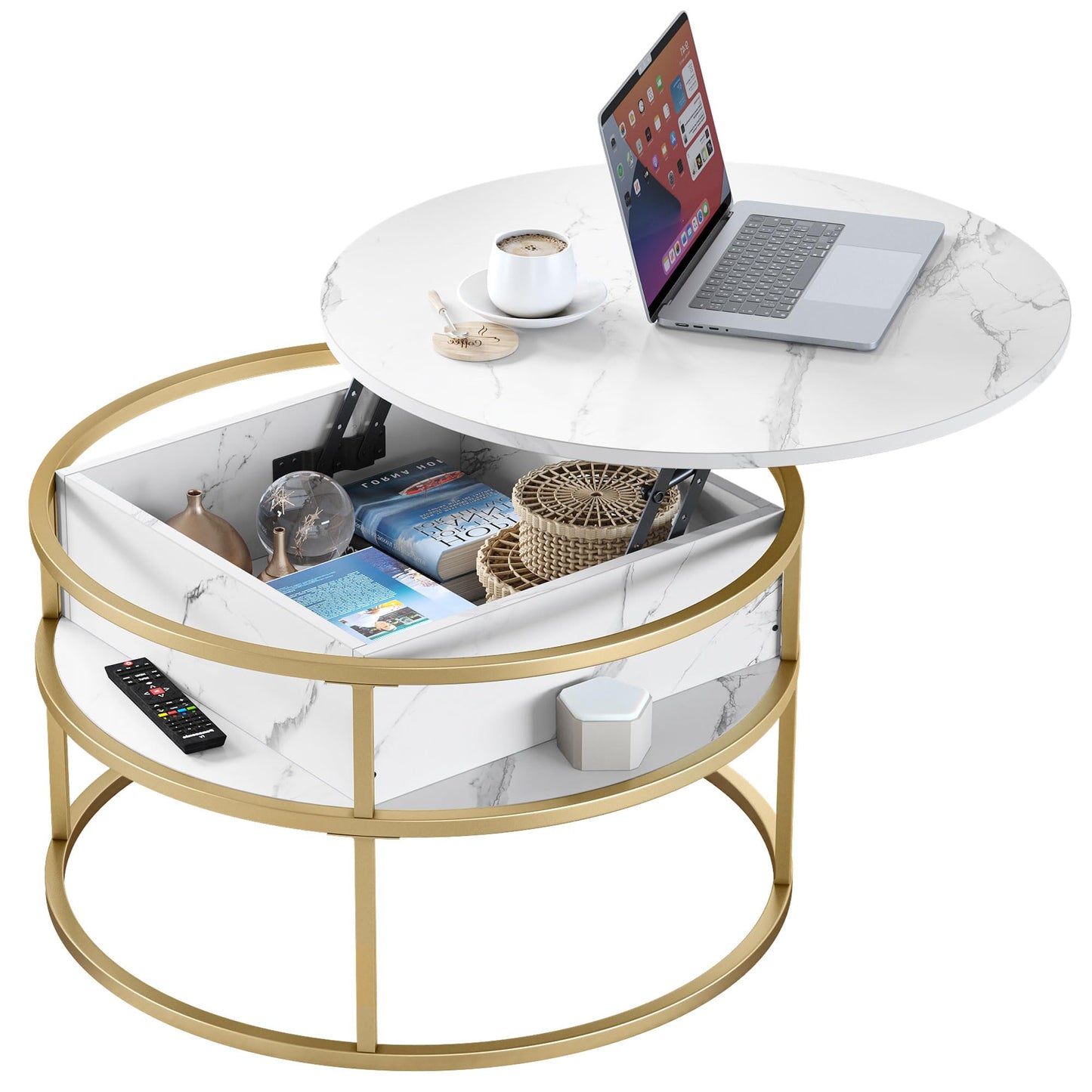 YITAHOME Coffee Table with Lift Top, lift up Coffee Table Round with Hidden Storage Compartment, 60x60x47cm