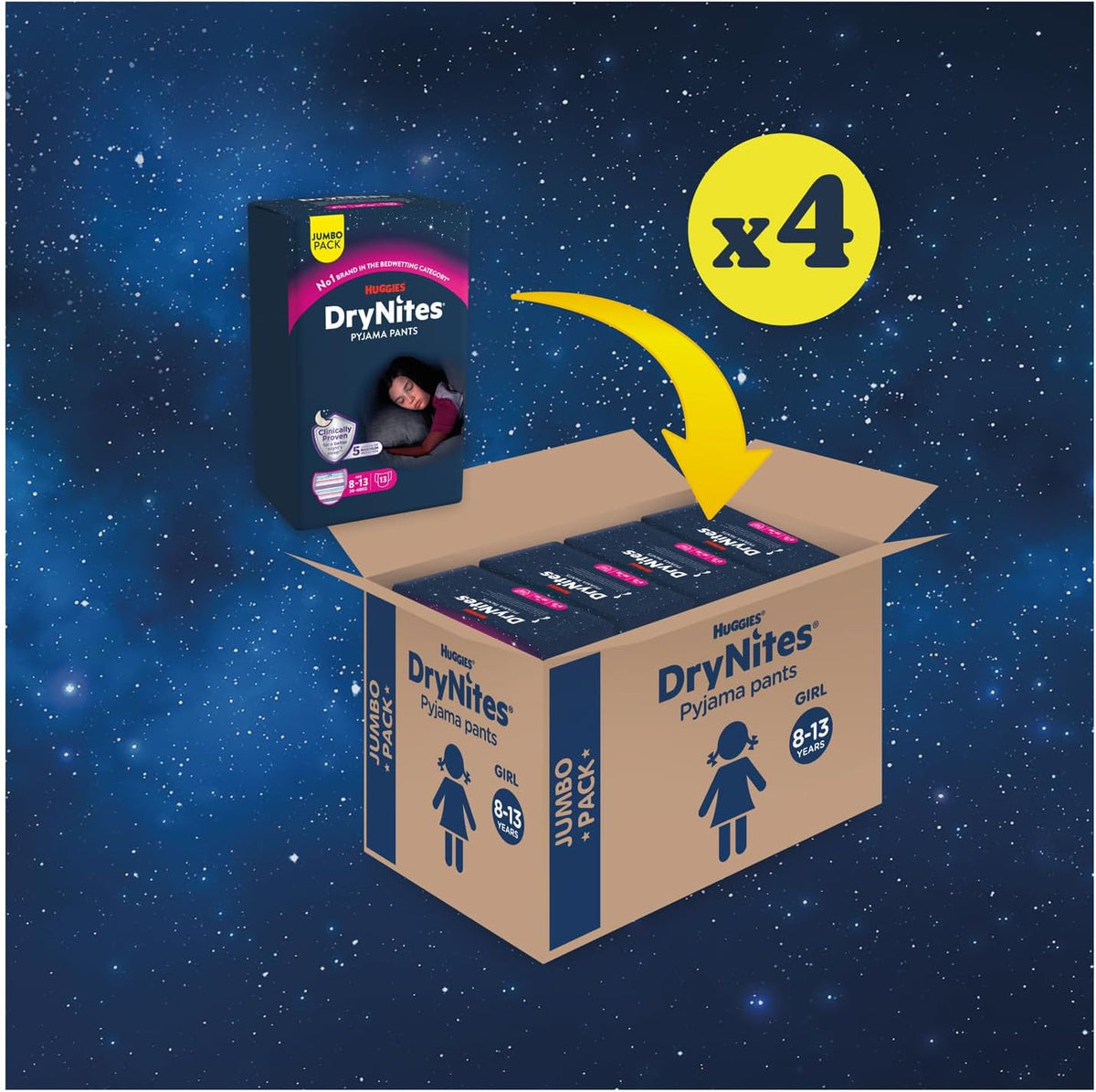 HUGGIES DryNites, Pyjama Pants, Girls 8-13 Years (30-48KG), 52 x Bedwetting Pants, Up to 100% Leak Free Nights