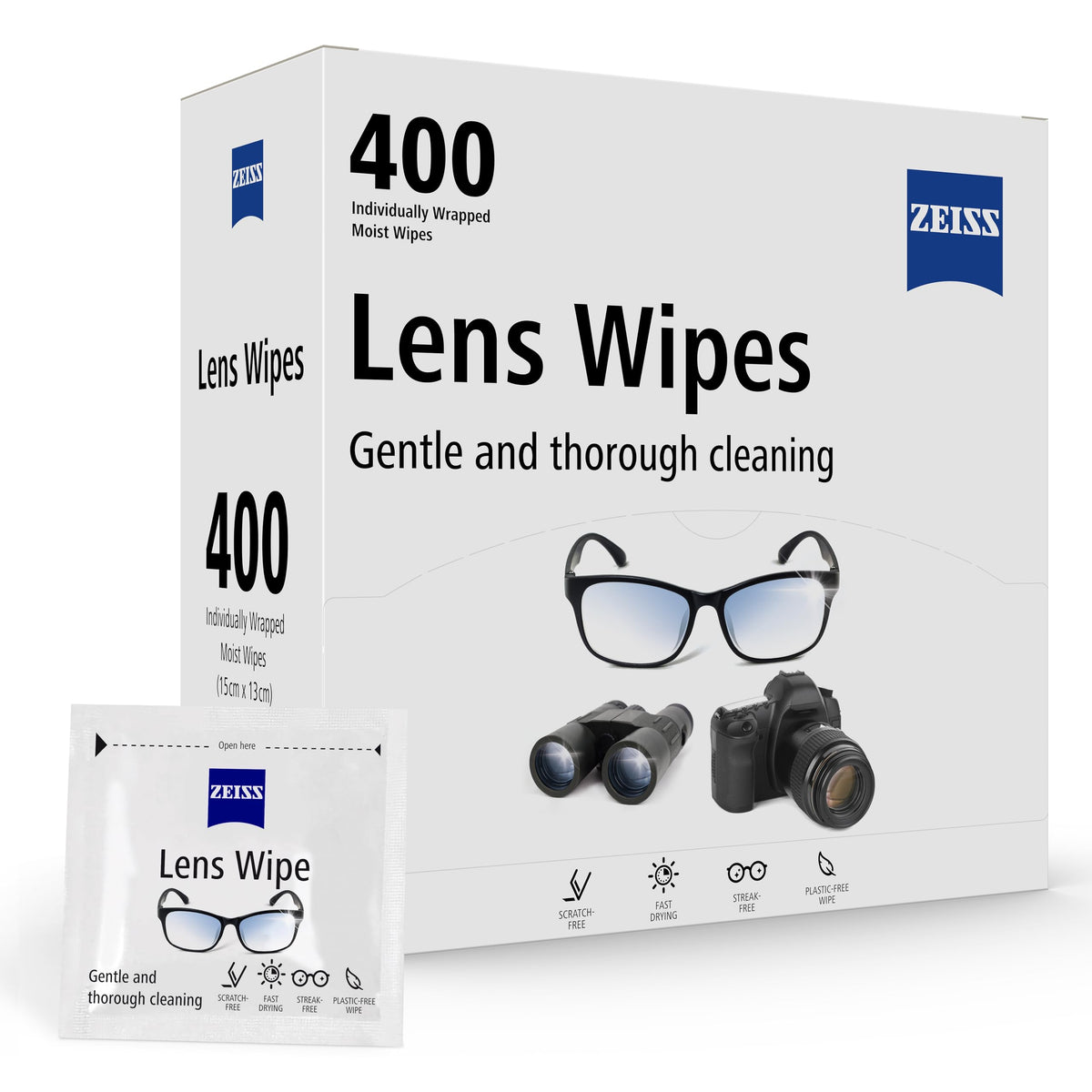 ZEISS Sunglasses Wipes, Removes Fingerprints, Suncream, Dirt, Dust & Oil. Individually Packed Pre-Moistened Wipes Perfect to use at Home or On-The-Go. Fast-Drying and Portable. 8 Packs x 10 Wipes