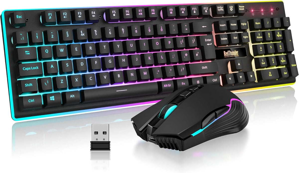 RedThunder K10 Wireless Gaming Keyboard and Mouse Combo, LED Backlit Rechargeable 3800mAh Battery, UK Layout Mechanical Feel Keyboard + 7D 3200DPI Mice for PC Gamer (Black)
