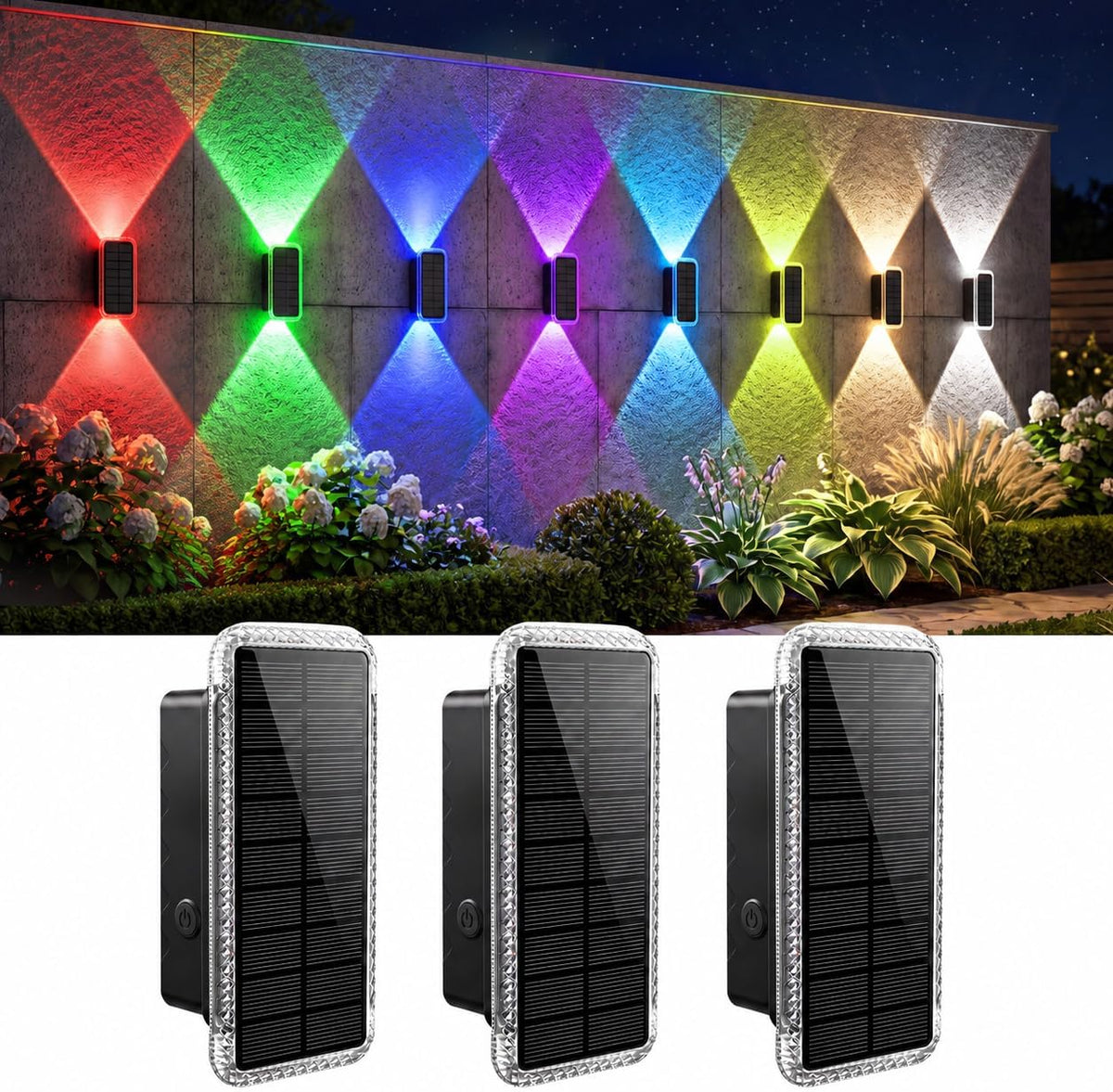 vighep RGB Solar Fence Lights Outdoor 3 Pack, 11 Mode Up & Down Wall Lights