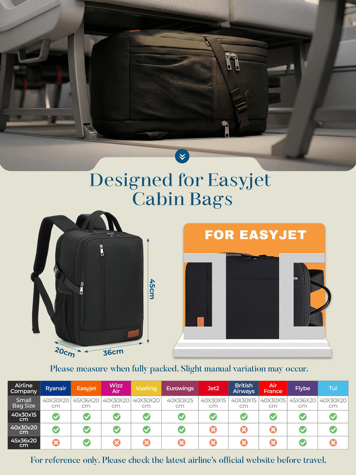 For Ryanair Cabin Bags 40x30x20 Underseat Travel Carry-on School Backpack
