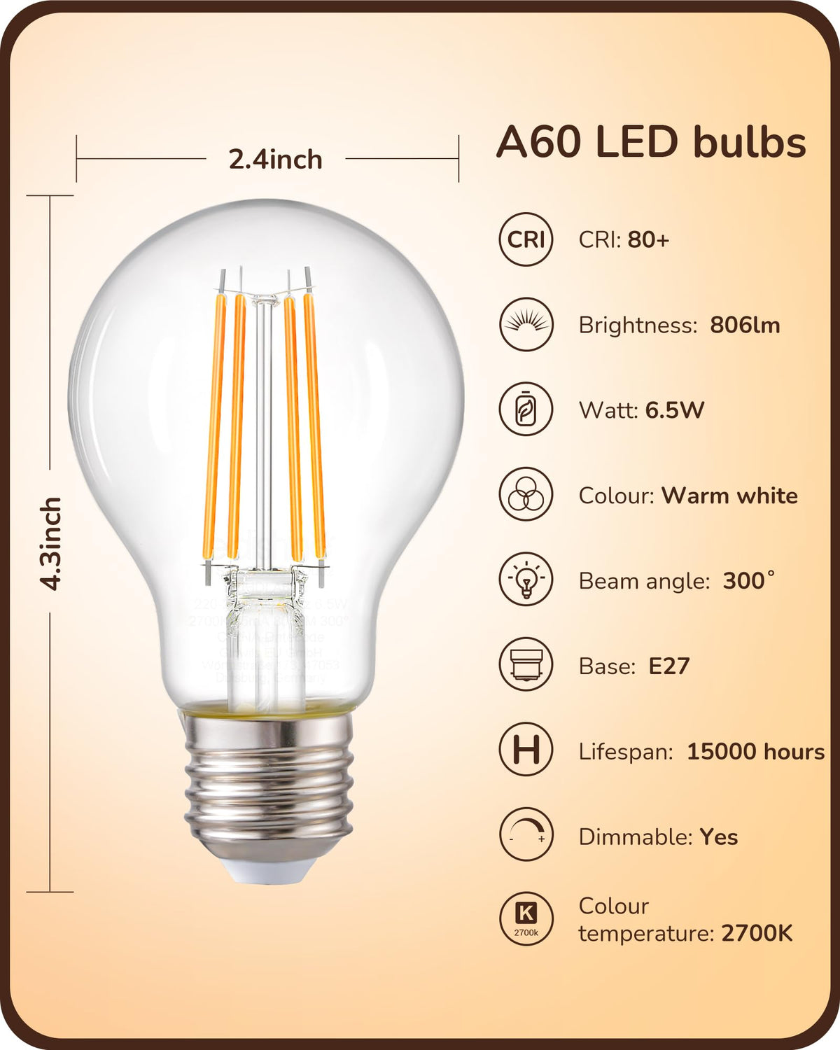 EDISHINE 6 Pack E27 Dimmable LED Edison Bulbs, 6.5W 2700K Warm White, 806LM