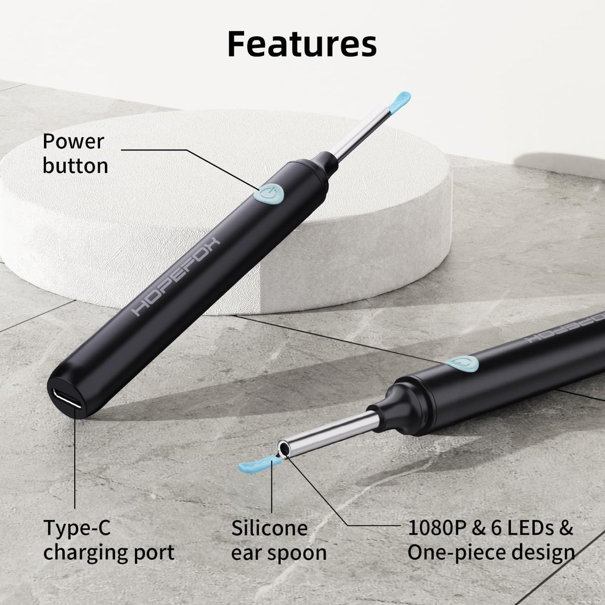Ear Wax Removal Kit - Ear Cleaner Ear Camera - Ear Wax Remover with 6 Pcs Ear Set - Ear Wax Removal Tool - WiFi Cleaner Camera with 6 Silicon Ear Spoon - Ear Cleaning for iOS & Android (Black)