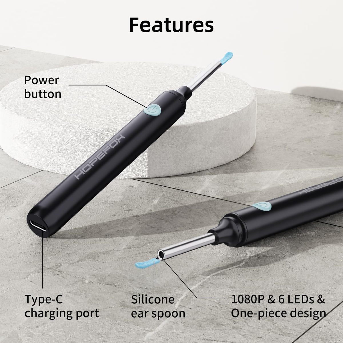 Ear Wax Removal Kit - Ear Cleaner Ear Camera - Ear Wax Remover with 6 Pcs Ear Set - Ear Wax Removal Tool - WiFi Cleaner Camera with 6 Silicon Ear Spoon - Ear Cleaning for iOS & Android (Black)