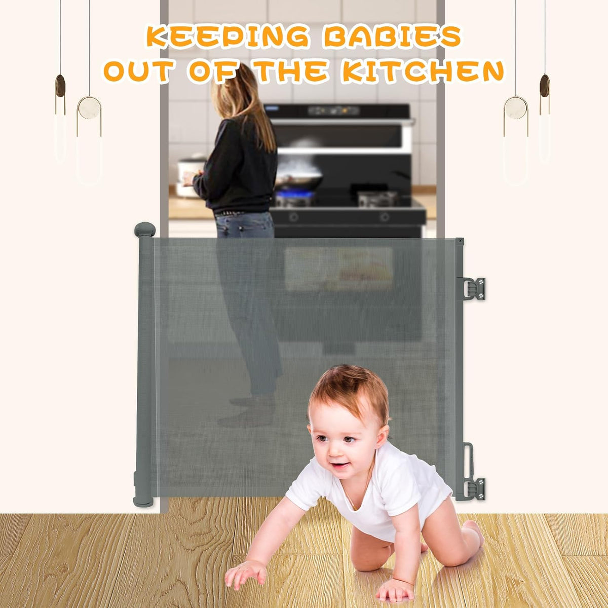 Rainberg Retractable Stair Gate for Baby & Pet with Secure 2-Step Lock 150cm Wide & 80cm Tall, One Hand Operated Baby Gate, Child Safety Gate for Doorways Stairs, Hallways, Kitchen (Grey)