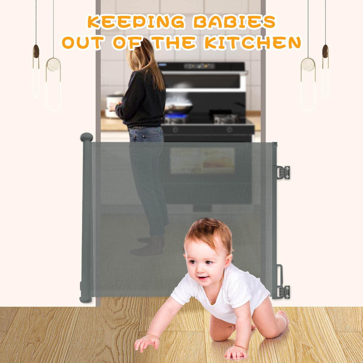 Rainberg Retractable Stair Gate for Baby & Pet with Secure 2-Step Lock 150cm Wide & 80cm Tall, One Hand Operated Baby Gate, Child Safety Gate for Doorways Stairs, Hallways, Kitchen (Grey)
