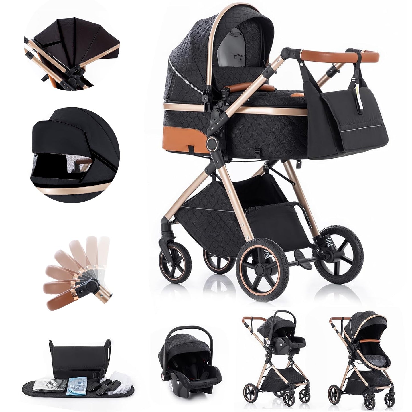 Gcarebb 3 in 1 Prams Travel System, Pushchair with Height Adjustable Handle, Travel Pram with Rain Cover, Baby Stroller with Aluminum Frame for Newborn