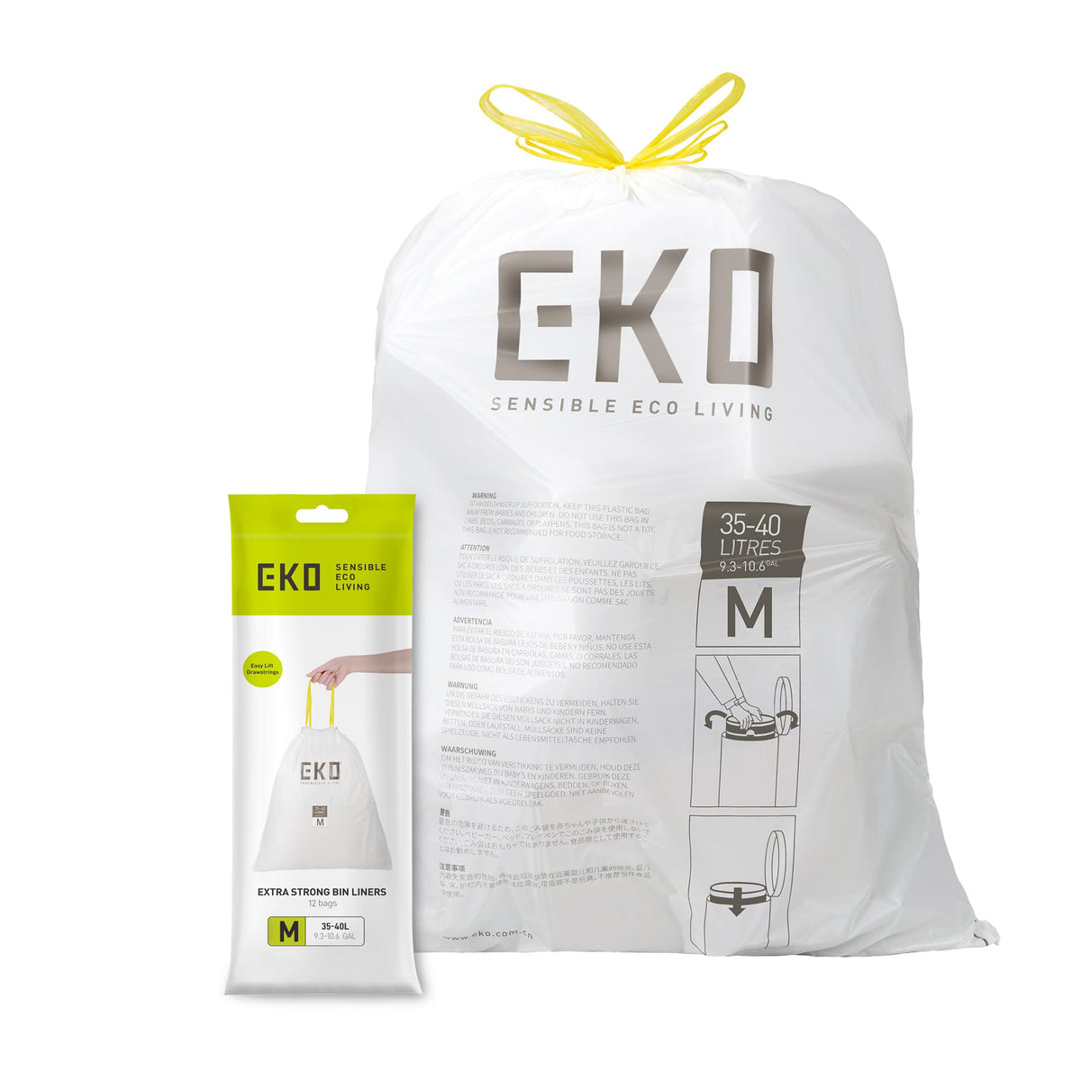 EKO Bin Bags, Kitchen Bin Liners, Drawstring, 40-60 Litre, 12 Count, Code F