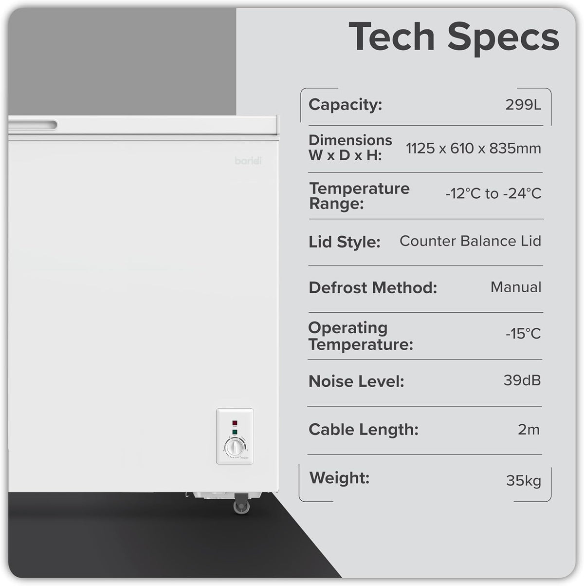 Baridi 299L Freestanding Chest Freezer with Adjustable Thermostat, Black - DH261