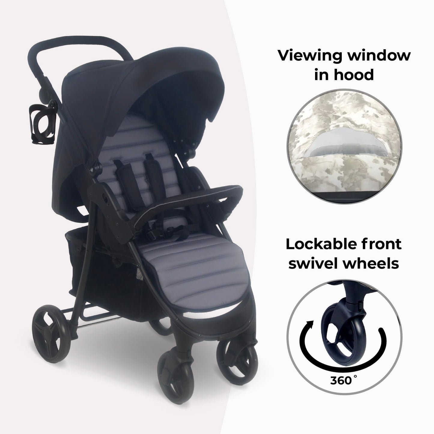 My Babiie MB30 Pushchair – from Birth to 4 Years (22kg), Easy Compact Fold, Large Shopping Basket, Adjustable Handle, Stroller Includes Cup Holder, Rain Cover – Black & Grey