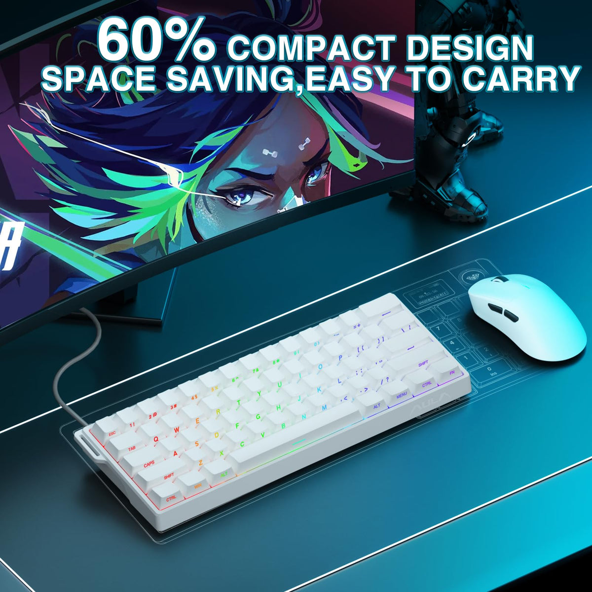 AULA WIN60 HE Mechanical Gaming Keyboard Wired,Hall Effect Magnetic Switches,Adjustable Actuation Rapid Trigger,8K Polling Rate,RGB Backlight,60% Percent Keyboard for Mac/Win (BLACK) (Pack of 2)