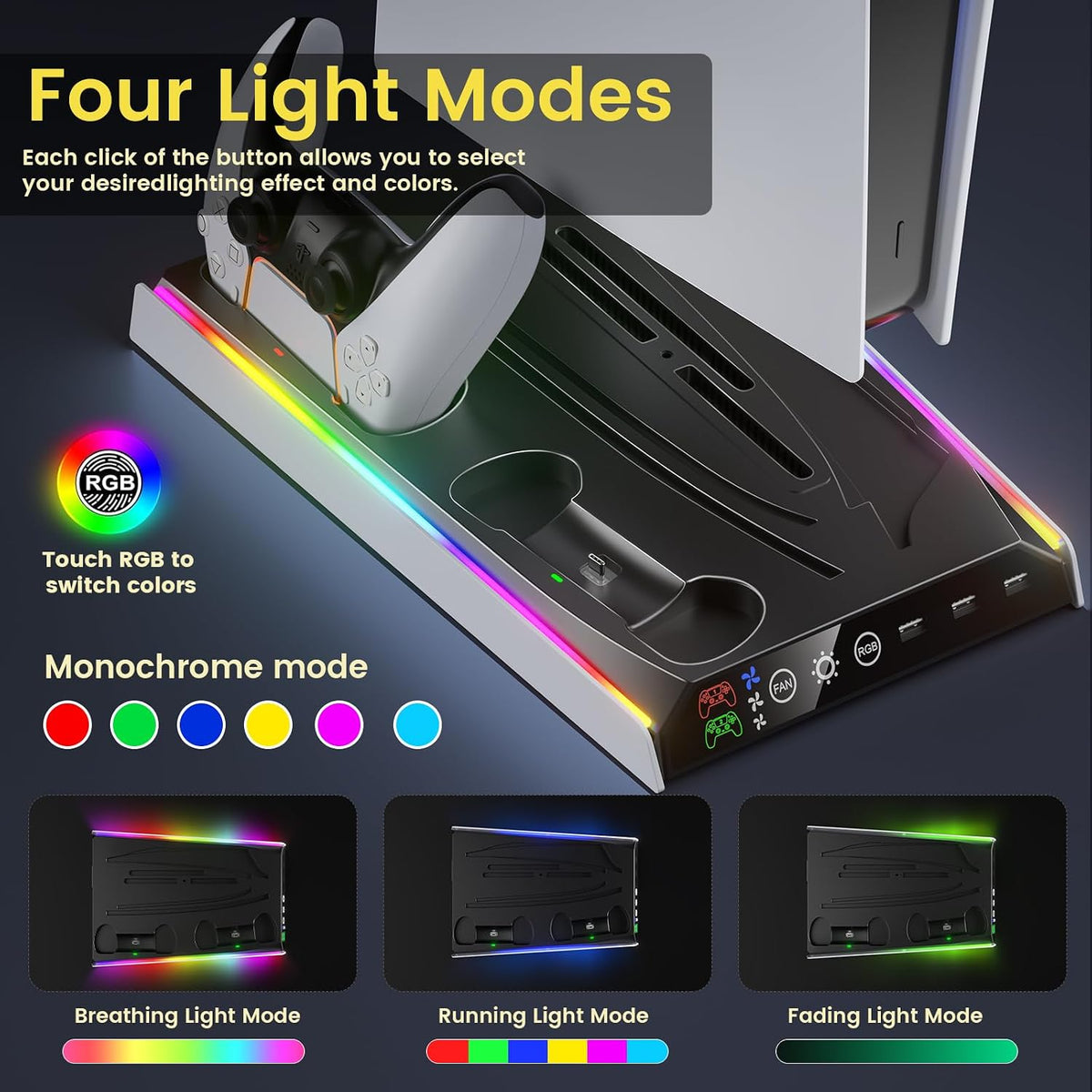 Fenolical PS5/Slim/Pro Stand with Adjustable Cooling Fan, Vertical PS5 Cooling Charger Stand for PS5/Slim/Pro, Multifunctional PS5 Slim Cooling Station with Dual Controller Chargers and RGB Light