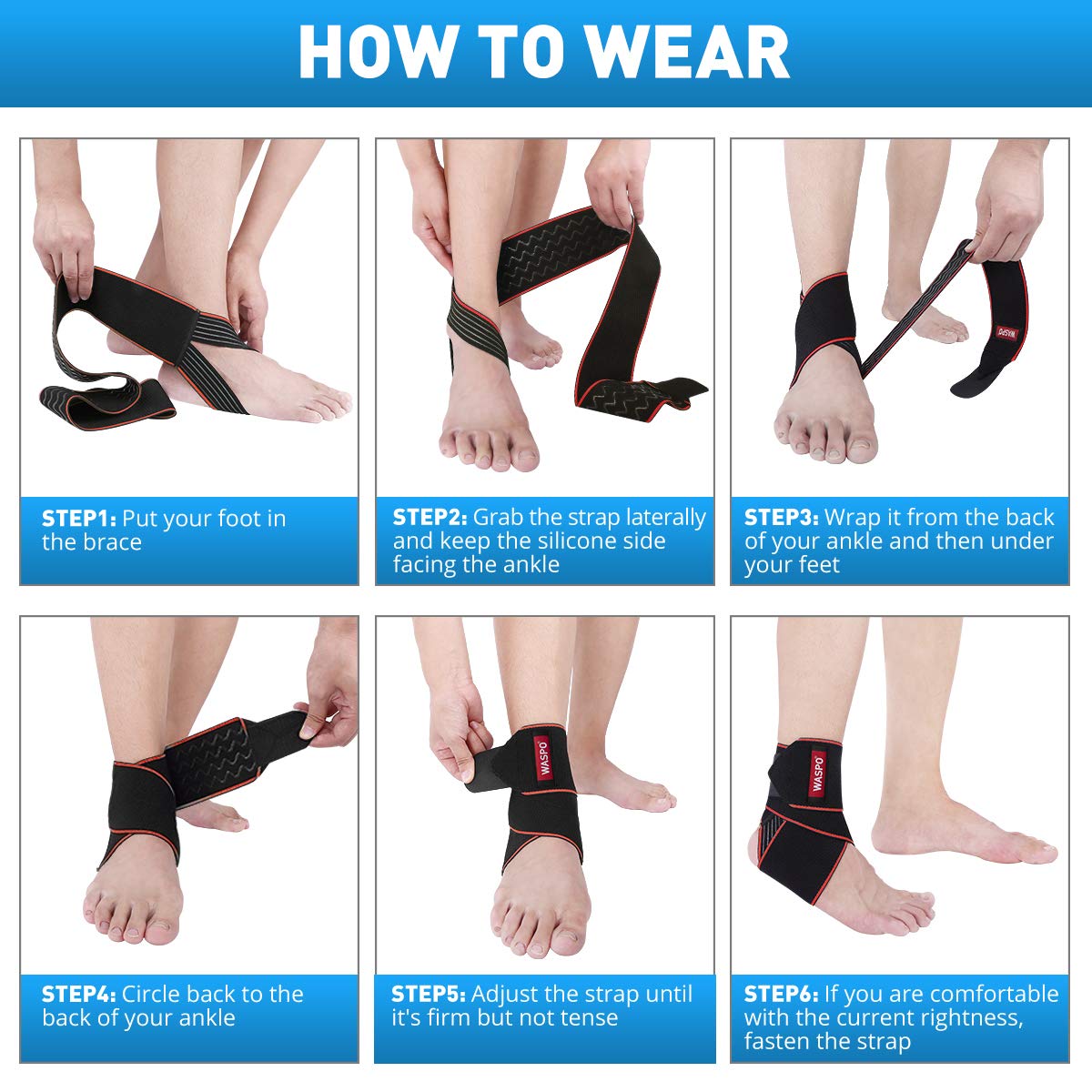 WASPO Ankle Support Brace - Adjustable Ankle Brace Wrap Strap for Sports Protect, Plantar Fasciitis, Achilles tendonitis, Ligament damage, Injury Recovery, One Size for Men Women 1 PC Blue