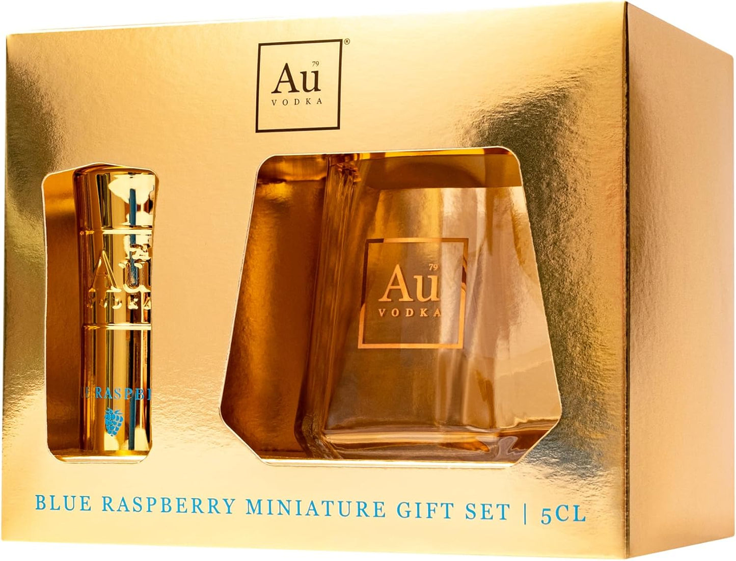 Au Vodka Gift Set - Blue Raspberry Flavoured Vodka 5cl Miniature & Diamond Cut Gold Glass - Official Licensed - Fathers Day, Birthday Gifts for Men and Women - Handcrafted In The UK, Alcohol Gift Set