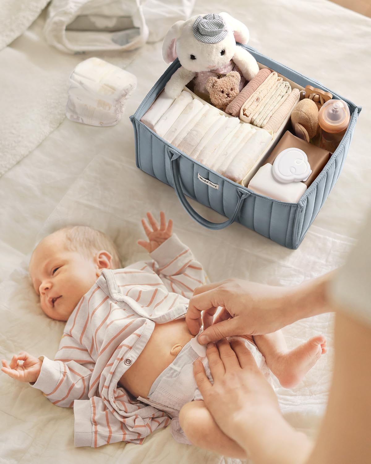 Blissful Diary Nappy Caddy Organiser, Baby Diaper Caddy for Nappy Station, Stylish Storage Basket for Newborn Essentials, Baby Shower Gifts for Girl or Boy, Woodland Cream