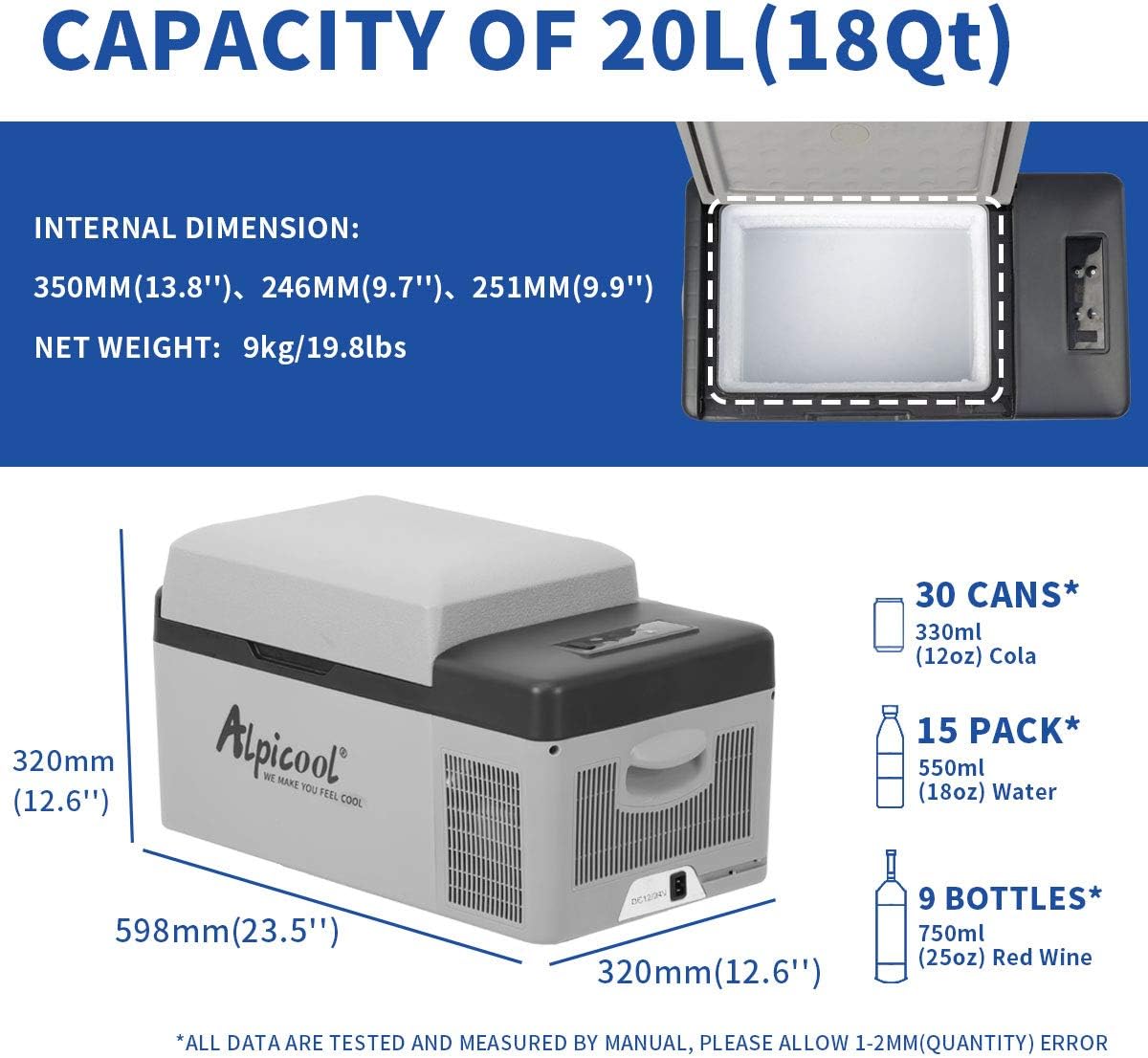 Alpicool 20L Car Fridge Freezer Portable Compressor Refrigerator, 12/24V DC & 230V AC Camping fridge -20℃~20℃ with APP Control, Energy Saving cooler for Caravan, Camping, Home, RV