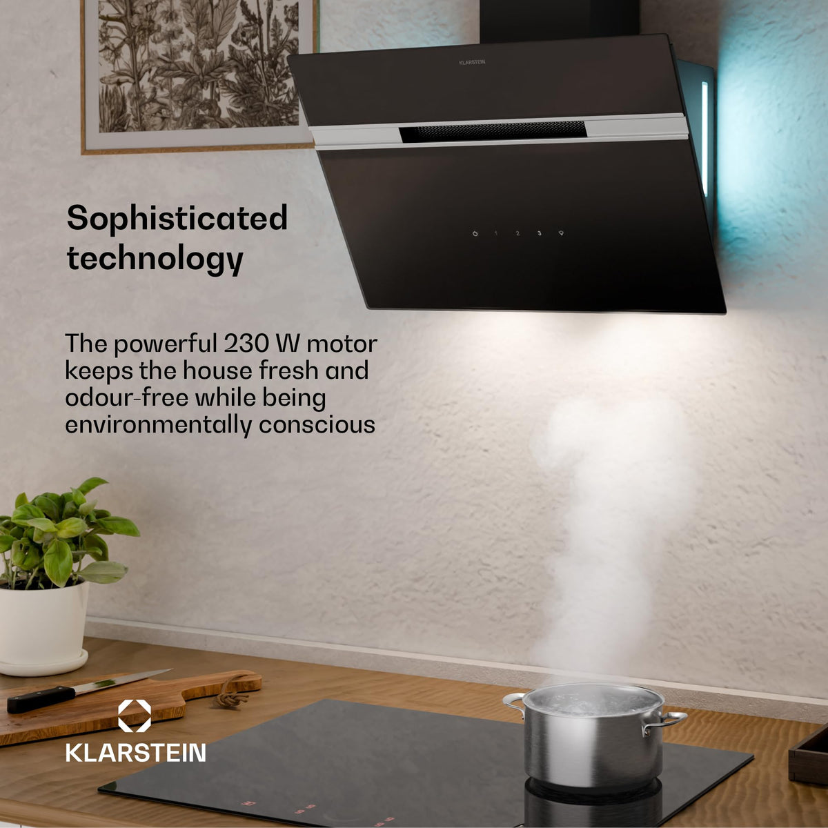 Klarstein Alina 90 Angled Cooker Hood - 615m³/h Air Flow, Touch Panel, LED Backlighting, Quiet 63dB, Energy Class A, 90cm Extractor Hood, Black