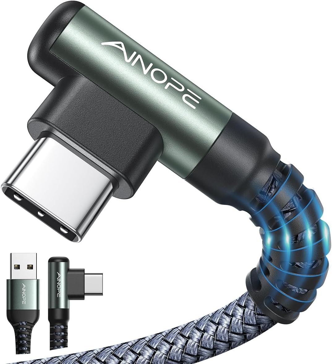 AINOPE USB C Charger Cable,(2Pack 2M) 3.1A Right Angle USB to USB C Cable