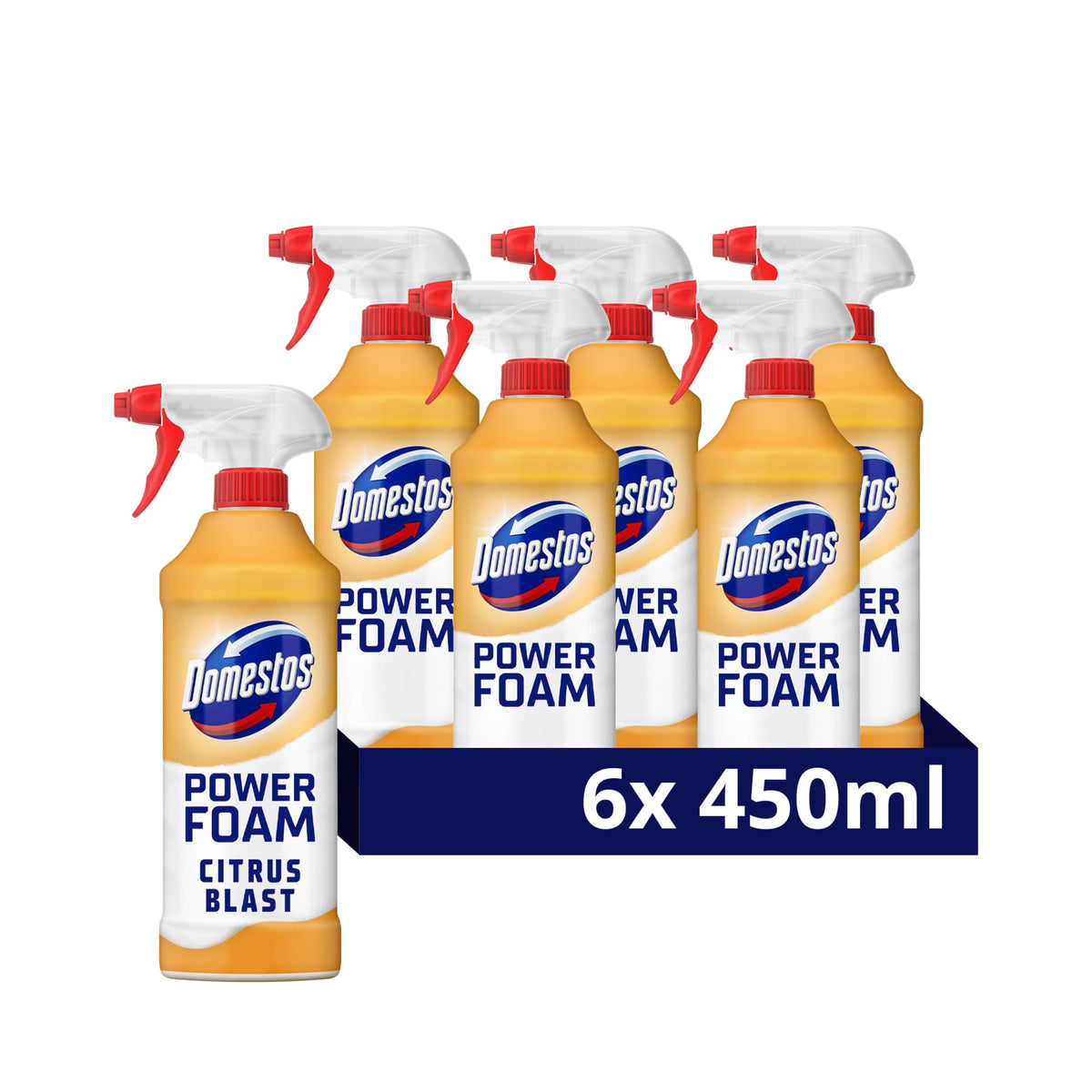 Domestos Power Foam Arctic Fresh Toilet & Bathroom Cleaner Spray sprays upside down & eliminates 99.99% of germs* for cleaning inside the toilet & around the bathroom 450 ml