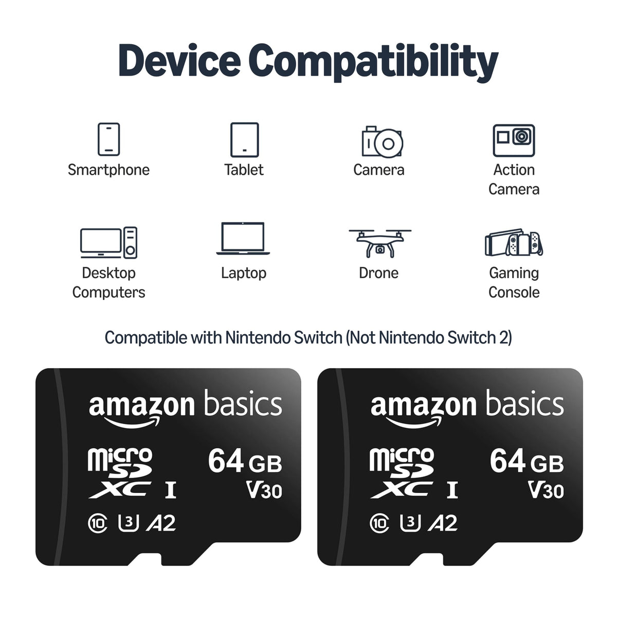 Amazon Basics microSDXC Memory Card with Full Size Adapter, A2, U3, Read Speed up to 100 MB/s, 128GB, Black
