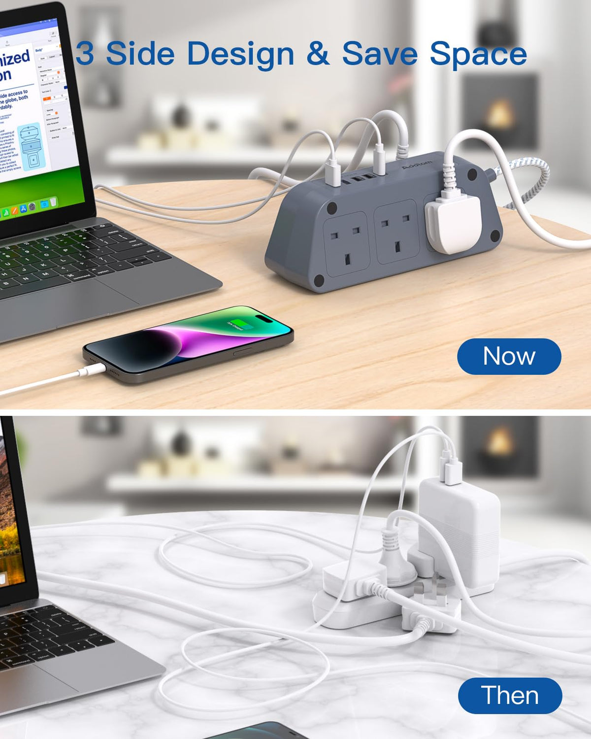 Addtam Extension Lead with USB Slots, 6 Way Outlets 5 USB(5A, 3USB- C Port)