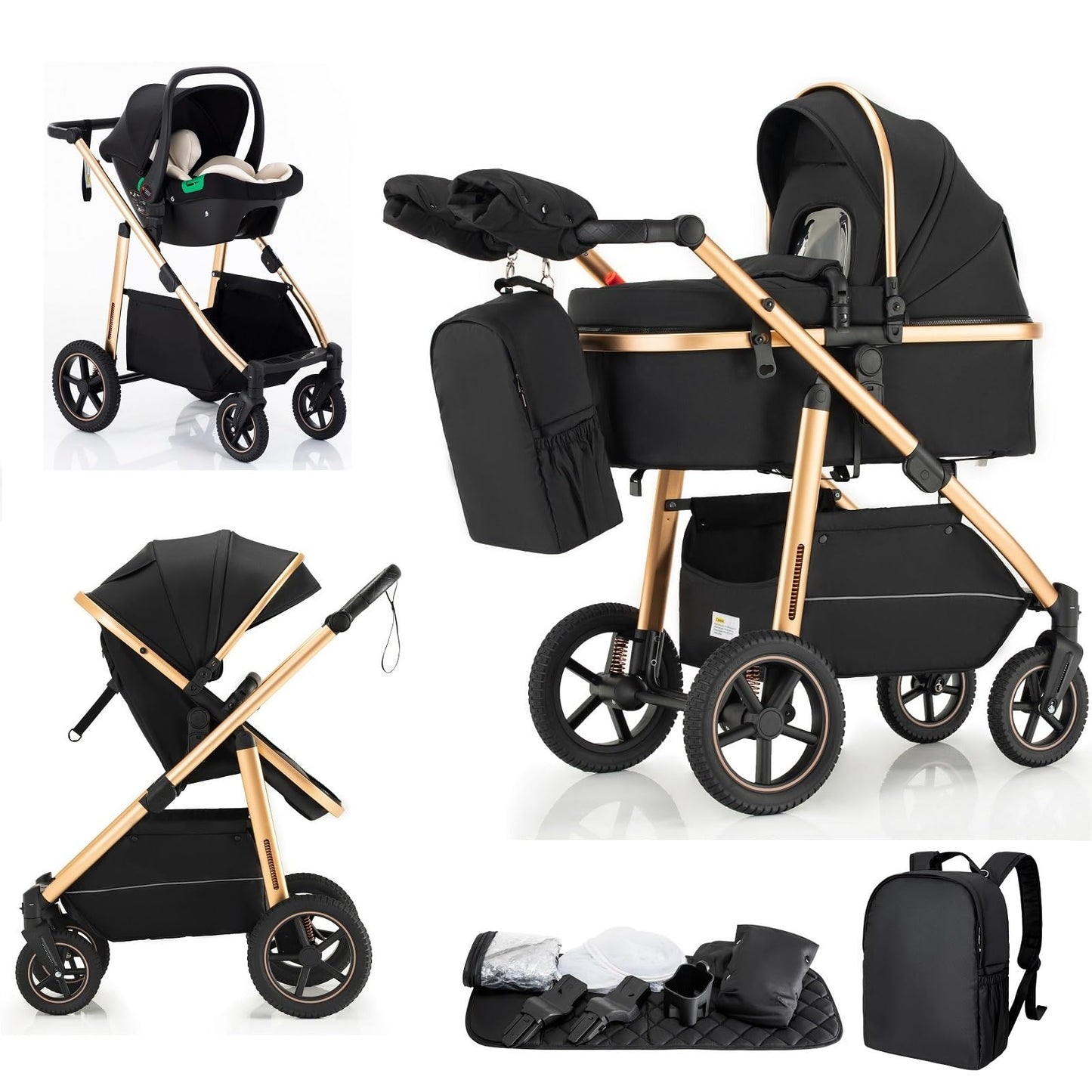 Baby Stroller 3 in 1,Travel Pushchair's Lie-Flat Pram is Foldable, Stroller System Handle is Adjustable, The Wheels are Made of PU Material, Suitable for 0-3 Years-Khaki