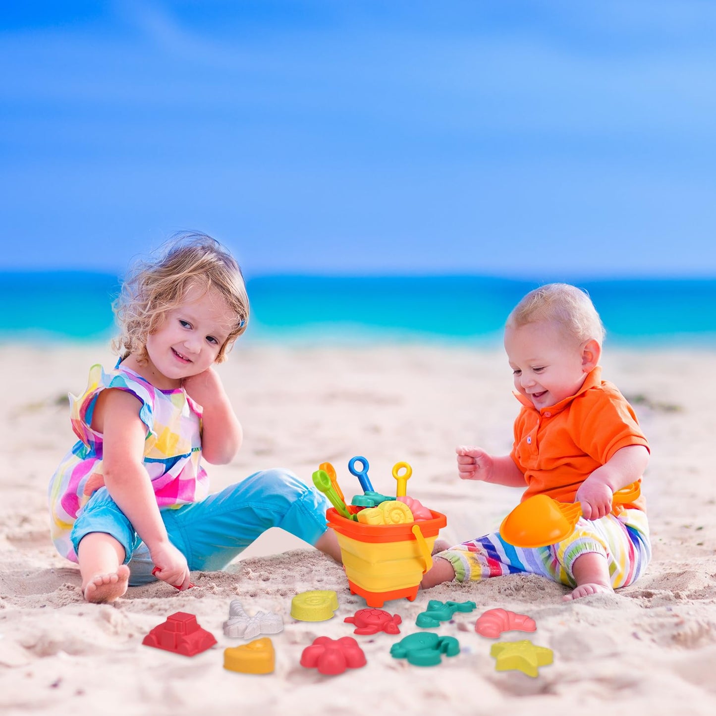 Beach Sand Toys Set, 19Pcs Sand Pit Toys With Collapsible Bucket and Spade Beach Set Kids Sand Sandpit Toys for Toddlers, Outdoor Fun Sand Toys for Boys Girls Toddlers Age 3 4 5 6 7 8