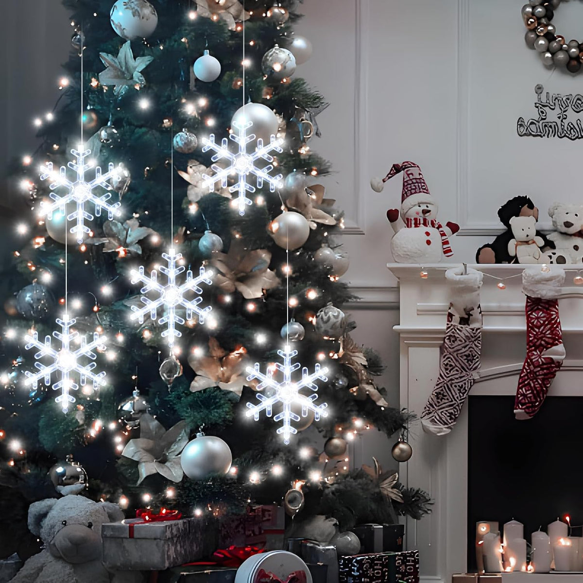 LYUBASA 5Pack Christmas Window Lights Decorations with Timer,Battery Powered Christmas Hanging White Lighted Snowflake Shaped LED Sucker for Xmas Tree Fireplace Indoor Decor