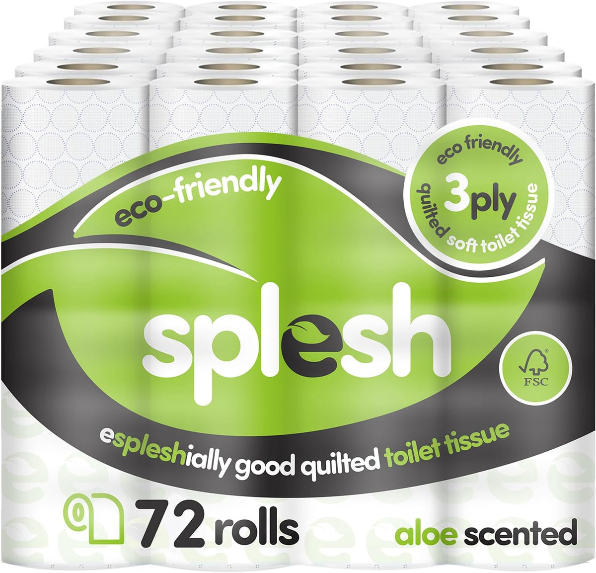 Splesh by Cusheen Toilet Roll 72 Rolls - Aloe Vera Scent Bulk Family Pack | Soft 3 Ply Quilted Bathroom Tissue Loo Rolls | Eco-Friendly, Sustainable Toilet Paper