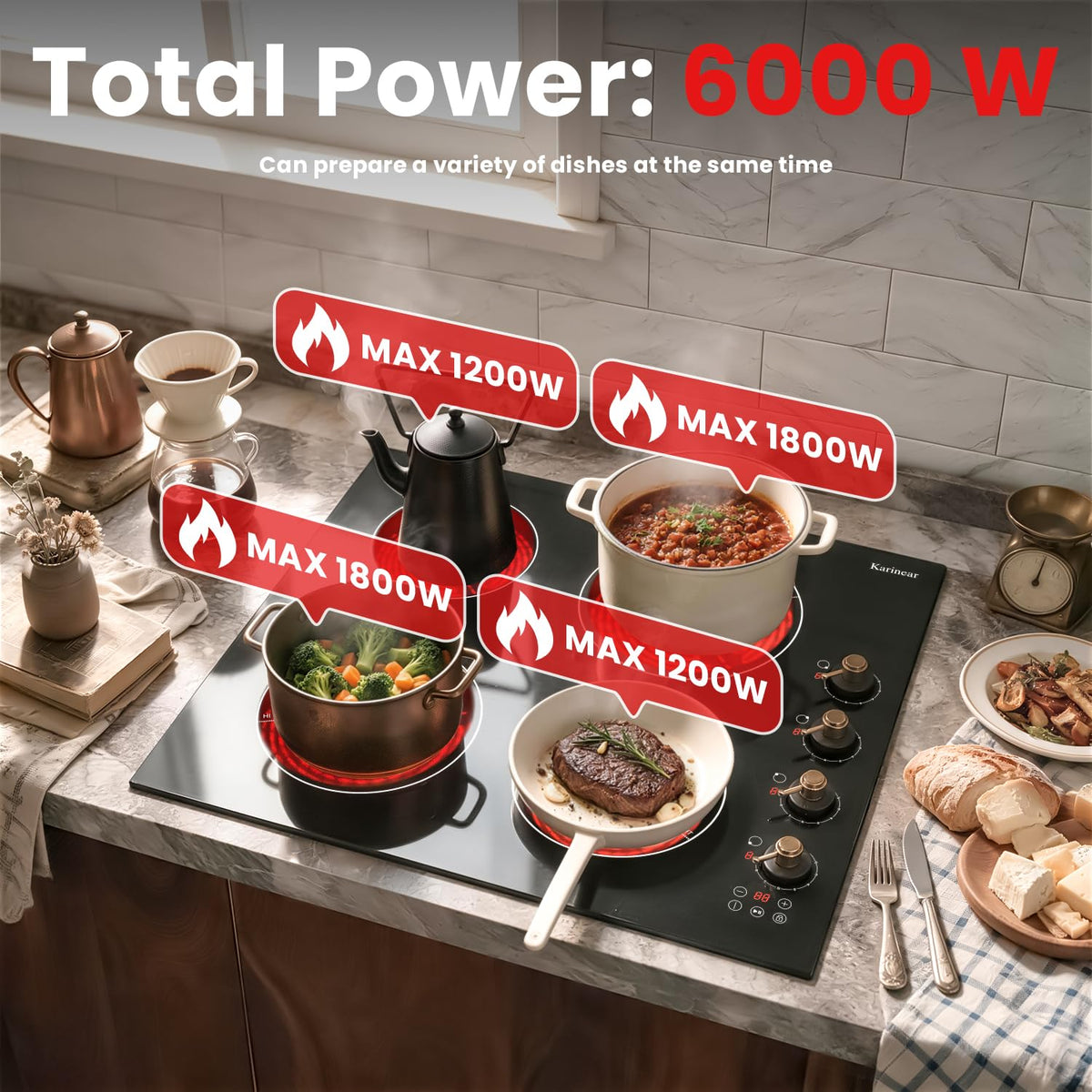 Karinear Electric Ceramic Hob 60cm 4 Zones with Built-in Extractor Hood