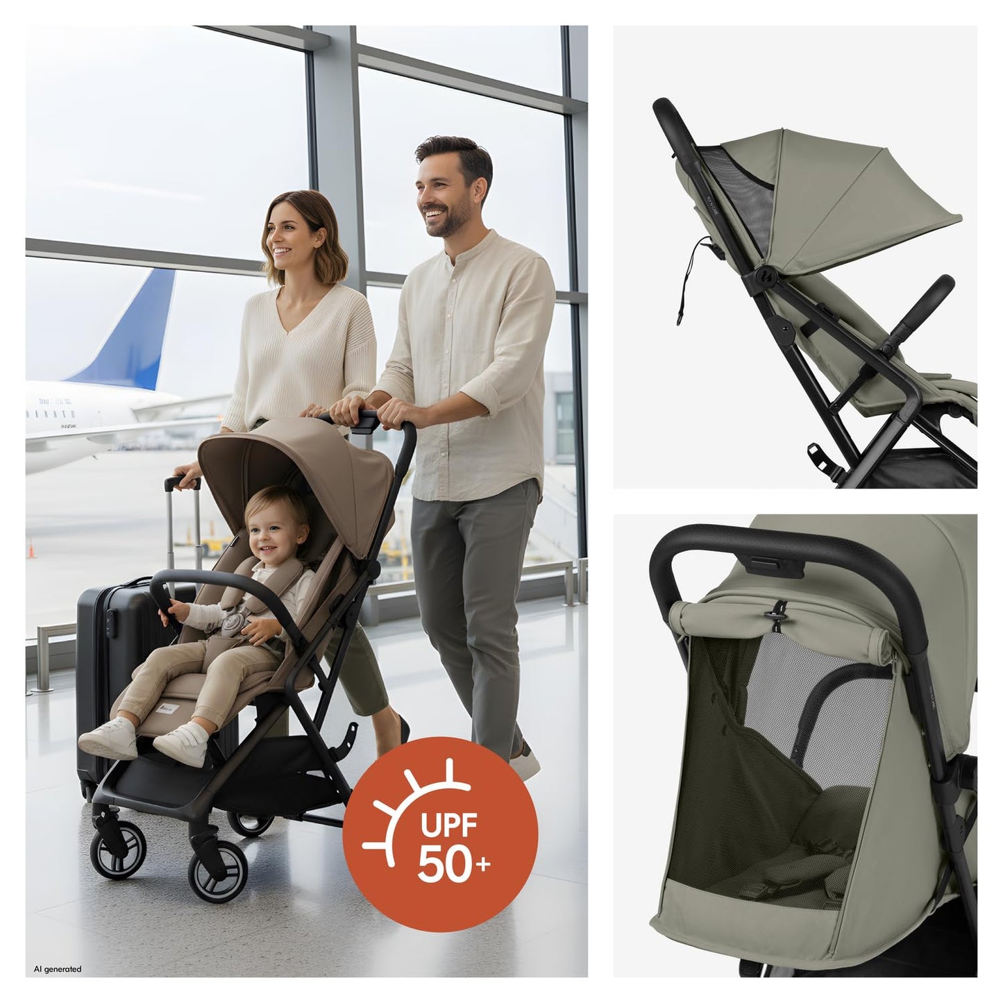 Hauck Fly N Care, Sage Green - Ultra Compact & Light Travel Pushchair (7.5kg) with One Hand Fold, Carry Strap & Bag, Seat Liner, Car Seat Adapter, UPF 50+ Sun Canopy, Fully Reclining Birth to 22 kg