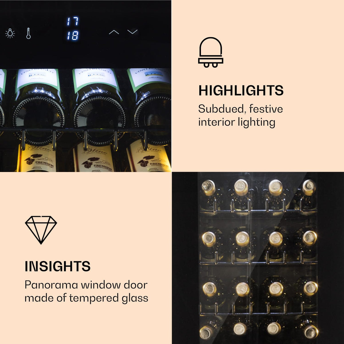 KLARSTEIN Shiraz Wine Cooler Black – 8 Bottles, 1 Zone | Freestanding Wine Fridge with Glass Door, Quiet, 5–18 °C, LED, Stainless Steel Frame
