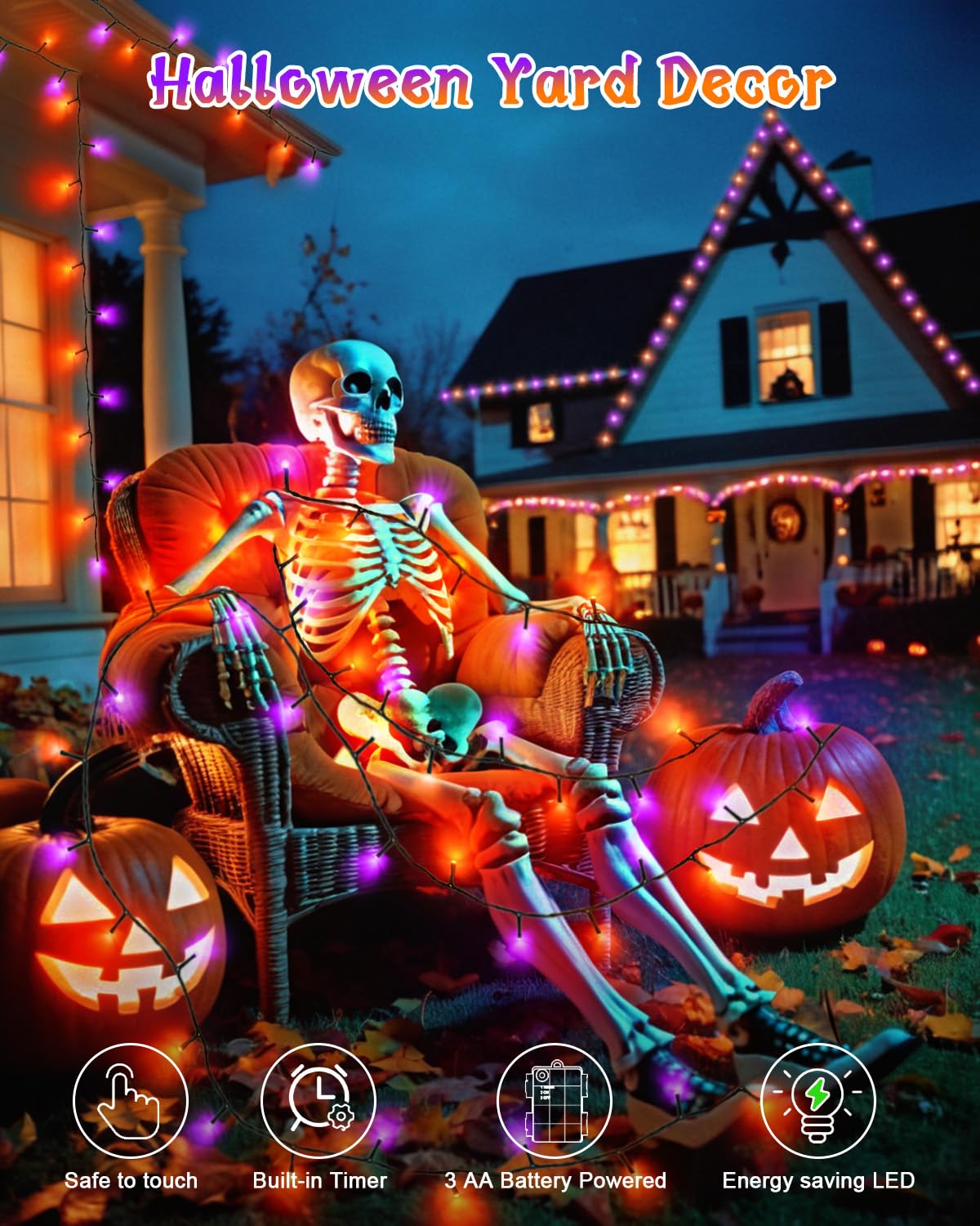 Dalugo Halloween Decoration Lights, 5M 50 LED Orange Purple White Fairy Lights with Timer, IP65 Waterproof Battery Powered Lights for Indoor Outdoor Autumn Halloween Decorations(Green Wire)