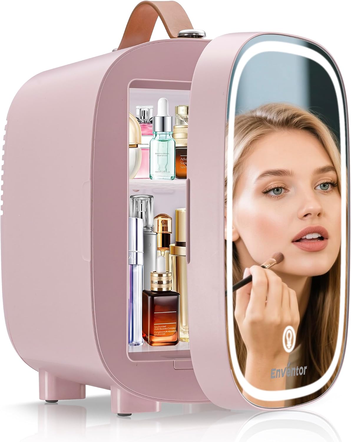 Enventor Mini Fridge 4L/ 6 Can, 3-Level Dimmable LED Mirror, AC+12V DC