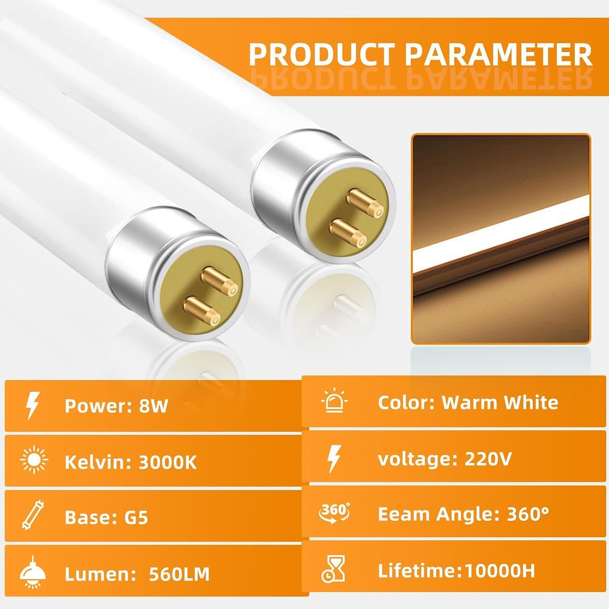 2 Pack 8W Fluorescent Tube, Size 300mm, T5 Warm White 3000K, 560LM, G5 Base Low Energy Consumption Tube Light, Emergency Energy Saving Light, Suitable for Kitchen, Bathroom, Cabinet, Garage