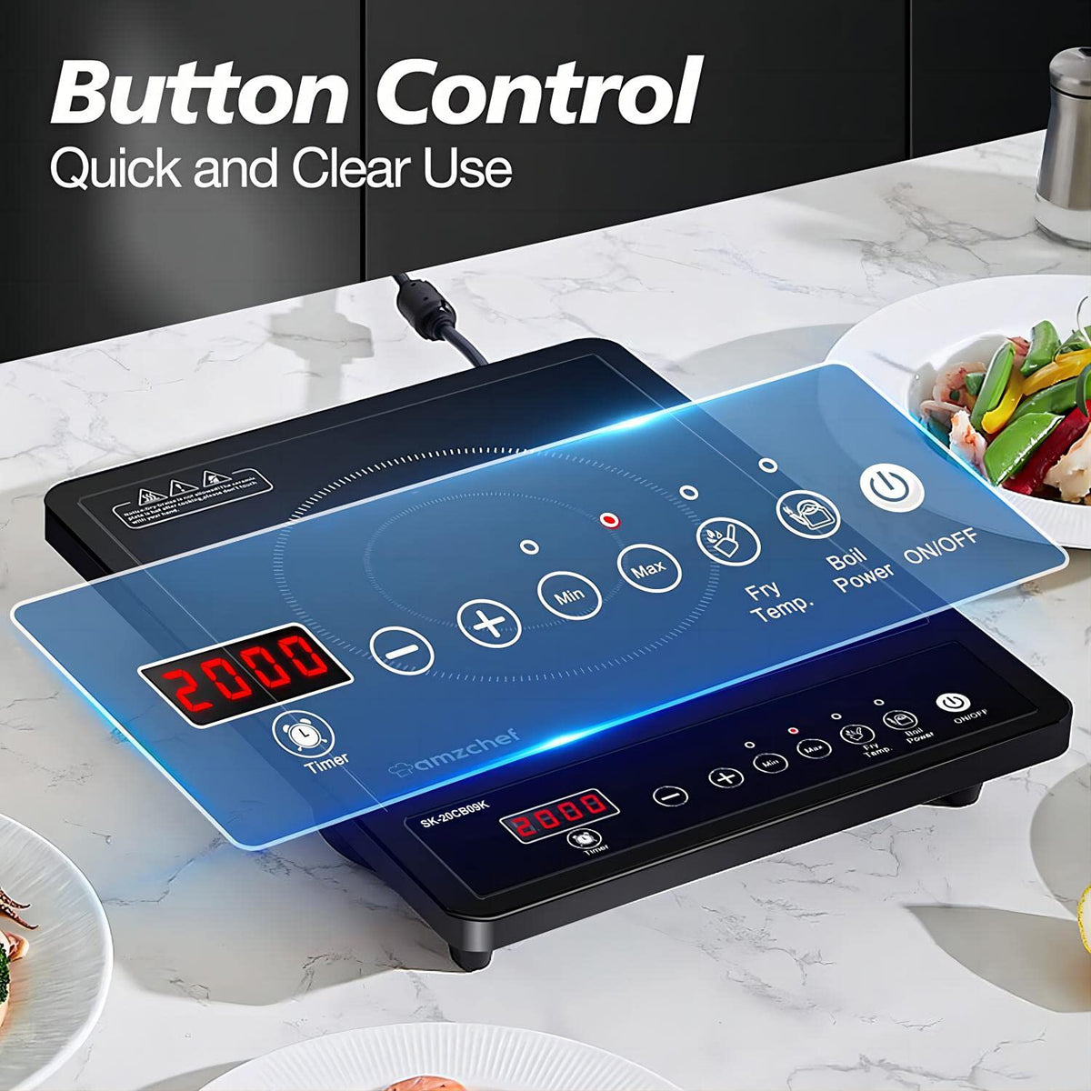 AMZCHEF Single Induction Cooker, Ultra-thin Induction Hob with Fashion Look, 20-level Power and Temperature Control, Black Frosted Glass Panel, Touch Sensor, 3-hour Timer, Safety Lock