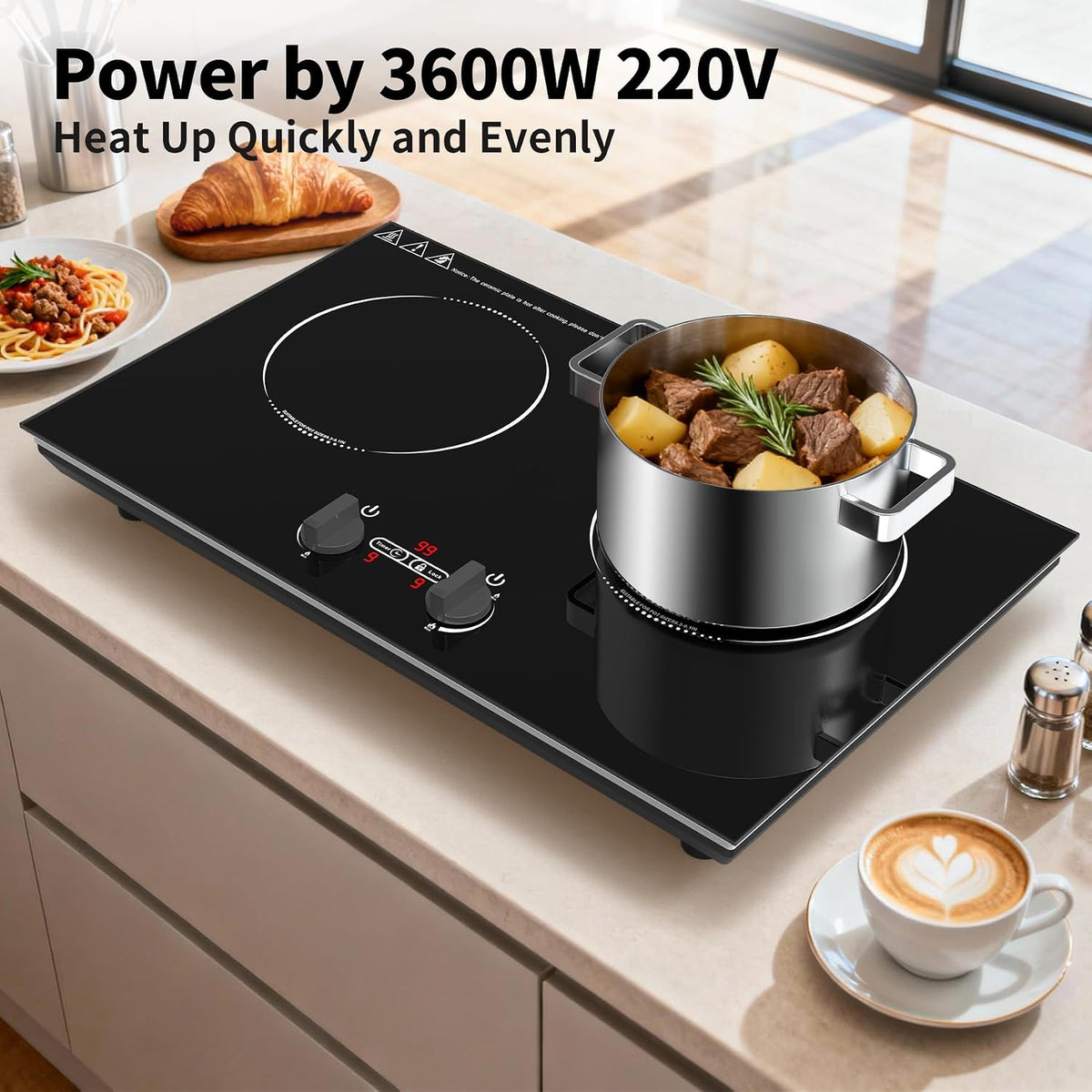 VBGK Double Induction Hob,220V 3600W 2 Ring Induction Hob with Knob Control,9 Power Levels, Kids Lock & Timer,LED Touch Control,Overheat Protection