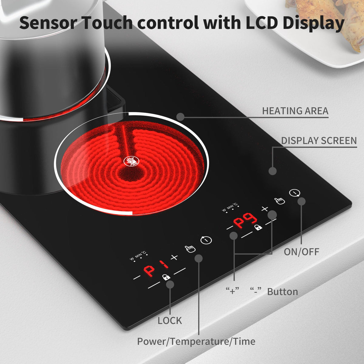 VBGK Double Induction Hob,220V 3600W 2 Ring Induction Hob with Knob Control,9 Power Levels, Kids Lock & Timer,LED Touch Control,Overheat Protection