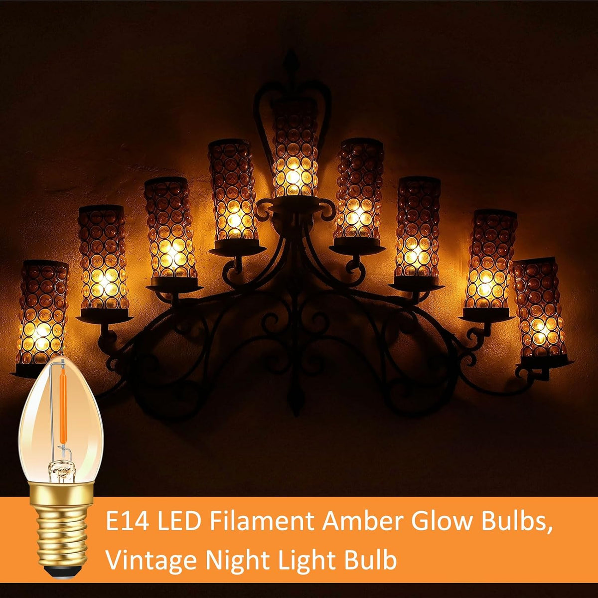 Caldarax 0.5W E14 LED Vintage Night Light Bulb, Mini C7 LED Filament Candle Bulbs Amber Warm White 2200K E14 Orange SES Small Edison Screw Salt Lamp Bulbs, 5W Equivalent, Non Dimmable, 2 Pack