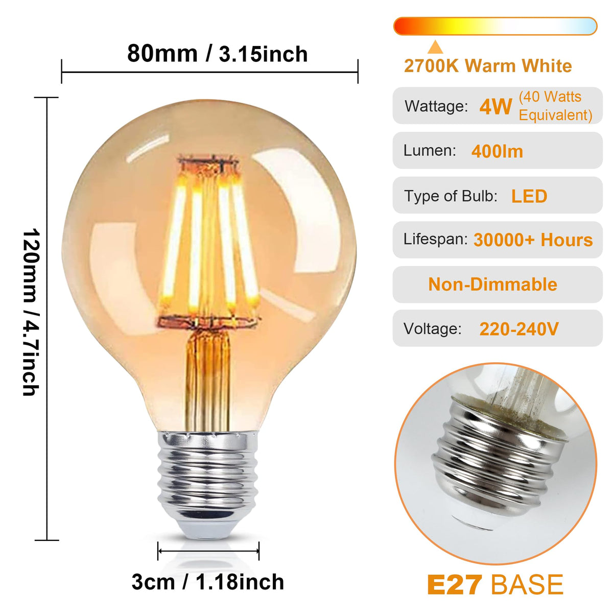 YUNRRD Vintage Light Bulb E27 Screw LED Edison Bulb,Warm White,4W,2Pcs