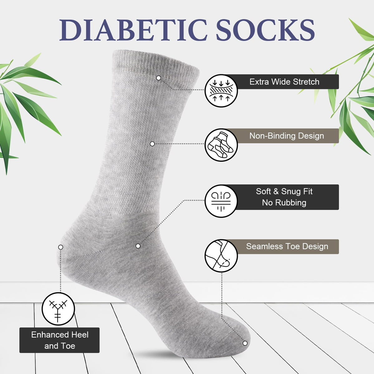 Niorasen Men's Extra Wide Diabetic Bamboo Socks, 3/6 Pairs