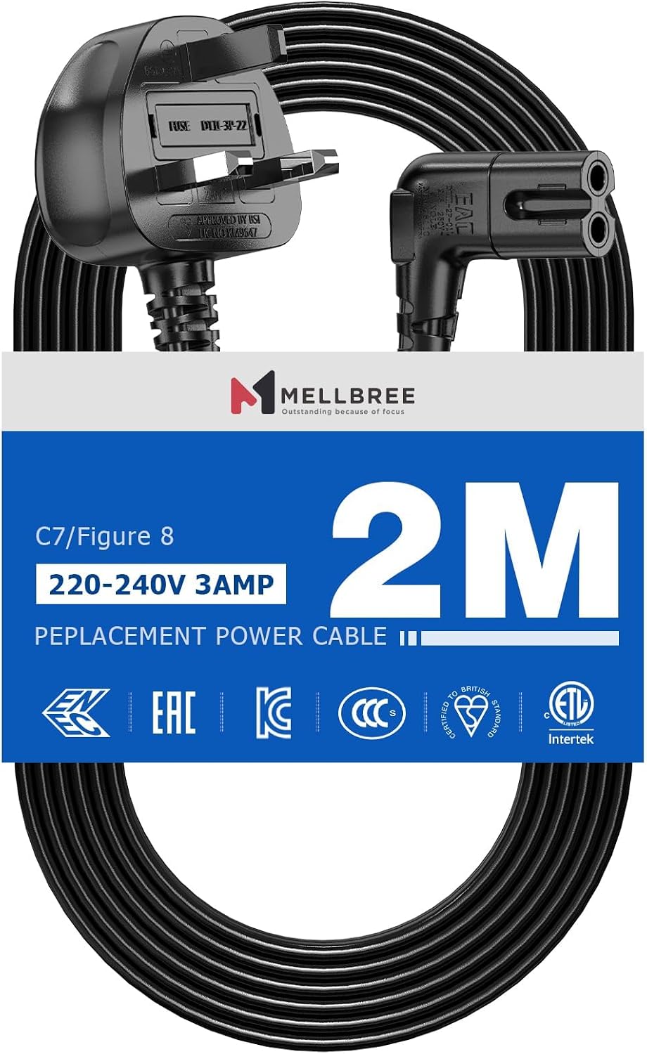 2M Power Cable Compatible with Samsumg TV, Mellbree Quality Safe Right Angle Suitable for Awkward Space Figure 8 Power Cable Compatible with Samsung, LG, Panasonic TV Black