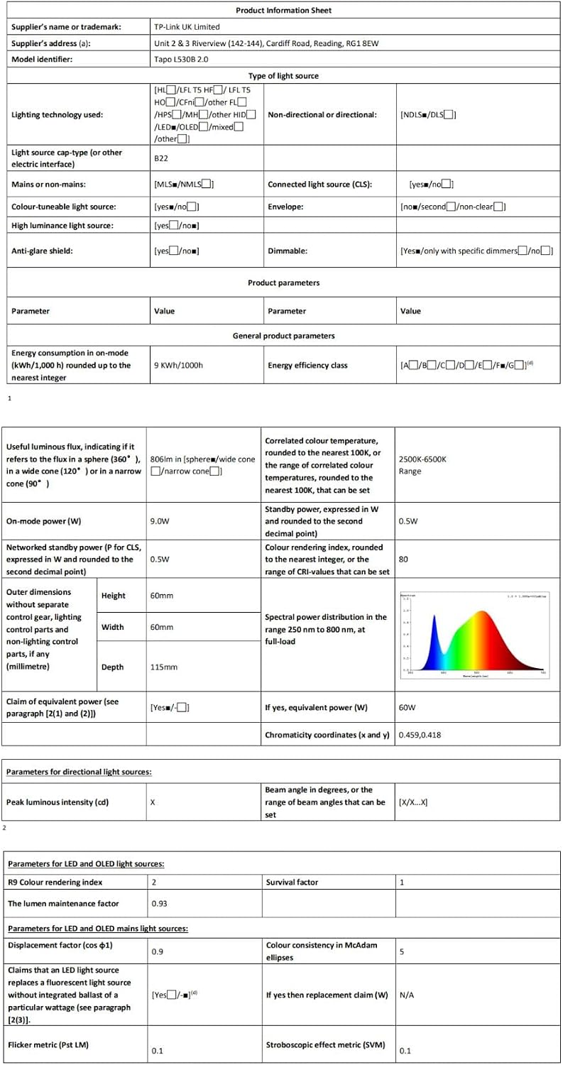 Tapo L530B B22 Smart Bulb Multicolour Dimmable LED Light Bulb