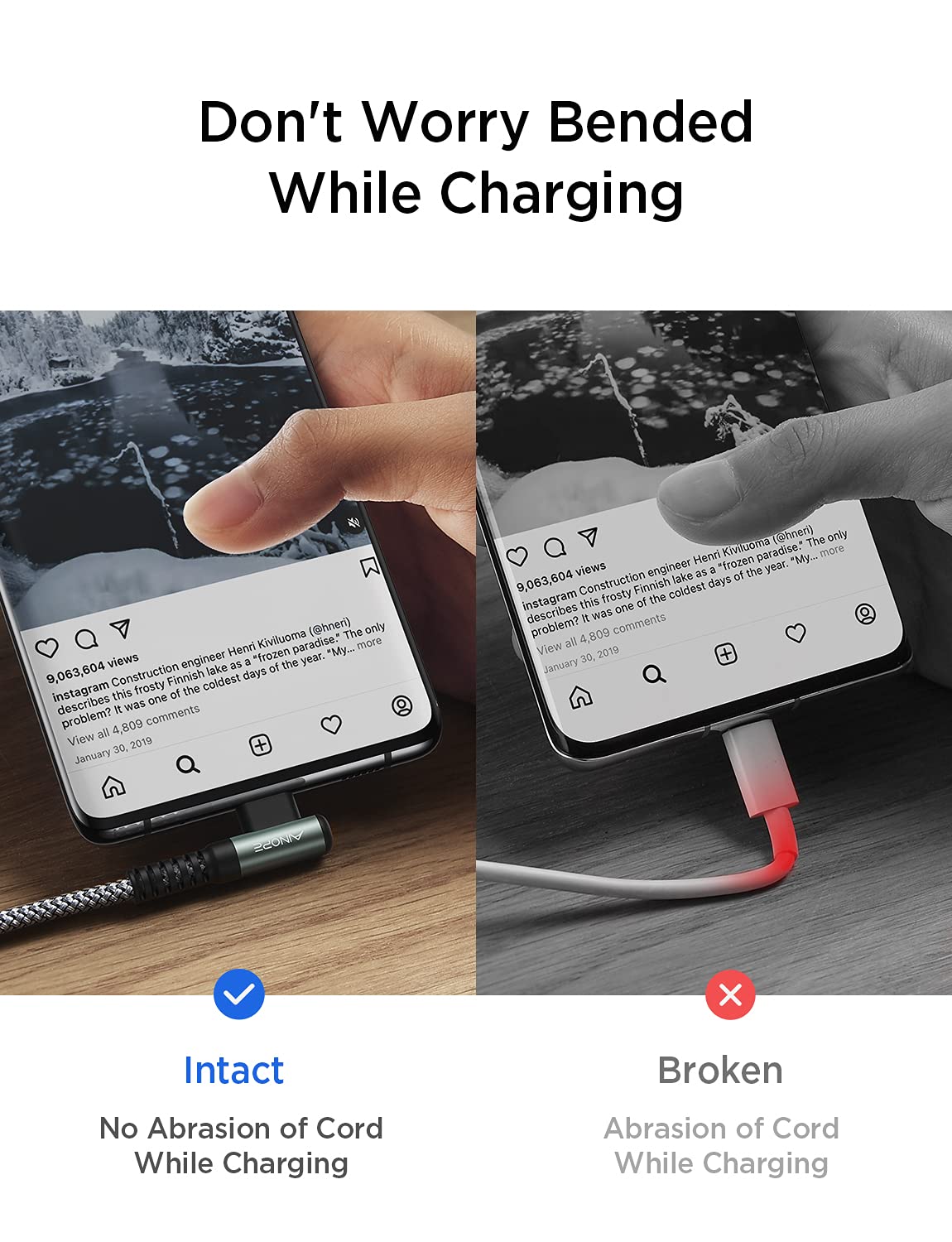 AINOPE USB C to USB C Cable 60W 3.1A, Type C to Type C Cable Right Angle, Compatible with Samsung Galaxy S21 S20, Note 20/10/9/8, MacBook Air/Pro 13'', iPad Mini 6/Pro/Air 2020,Pixel [0.5M]