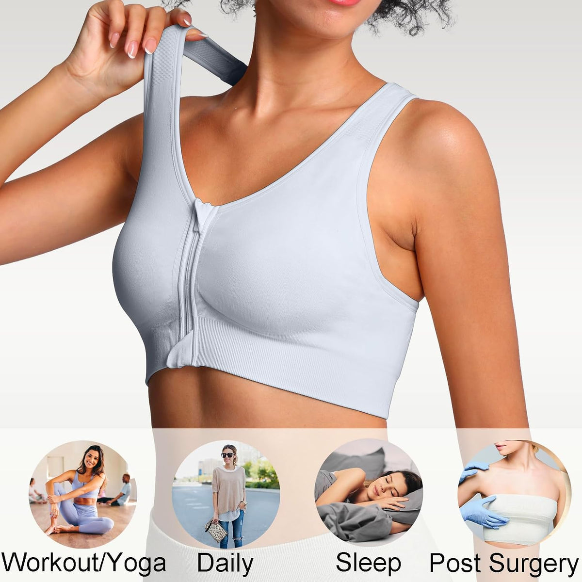 Lemef Front Zipper Sports Bras High Impack Post Op Compression Bras for Women Post Surgery Wireless Racerback Yoga Bra