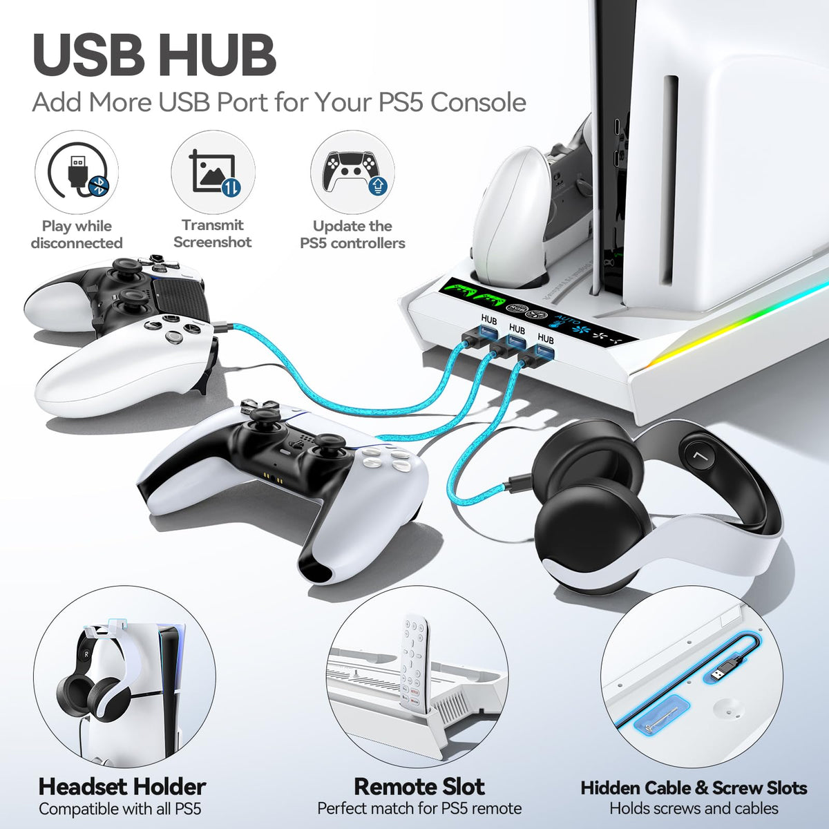 Rysker PS5/Slim/Pro Stand, PS5 Cooling Station Built-in 3-Level Cooling Fan & Fast Charger for Disc & Digital, PS 5 Accessories with Safety Screw and Headset Holder